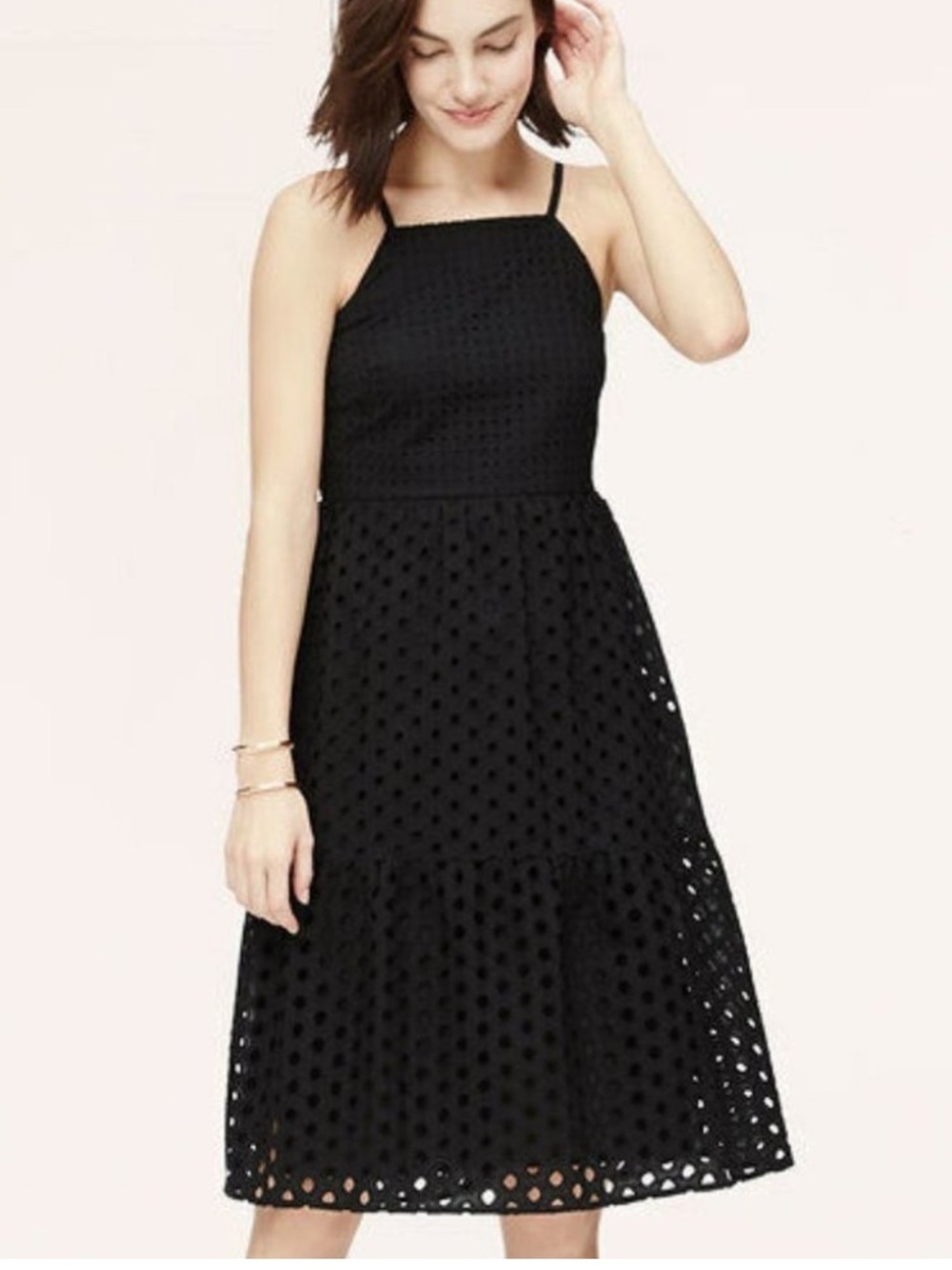 LOFT Black Eyelet 100% Cotton Lined Midi Zero Petite Dress